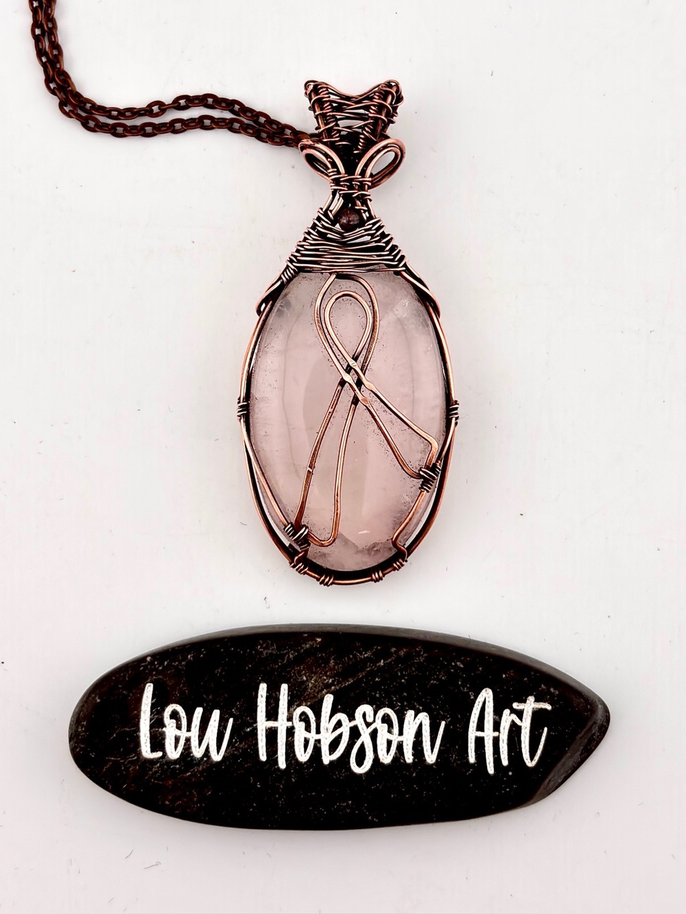 HANDMADE Rose Quartz Wire Wrap Copper Pendant Necklace Breast Cancer Awareness